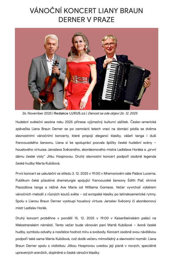 Vánoční koncert Liany Braun Derner v Praze